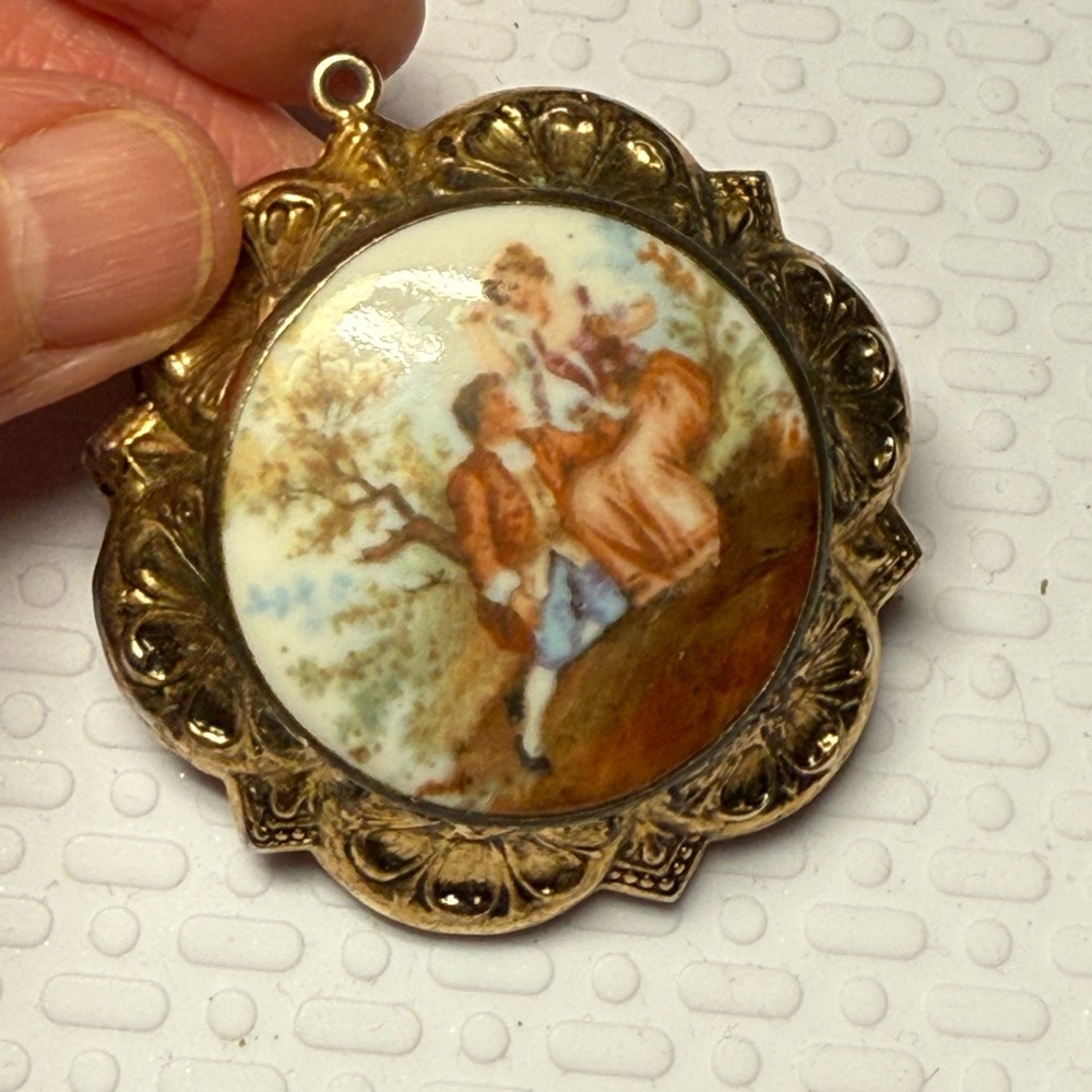 Vintage Gold Pendant with Pastoral Scene LOCKET. Expect wear. Vintage